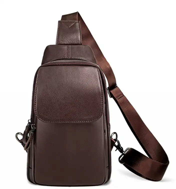 Men's Premium Leather Crossbody Chest Bag – Top-Grain Leather Casual Outdoor Sling Pack