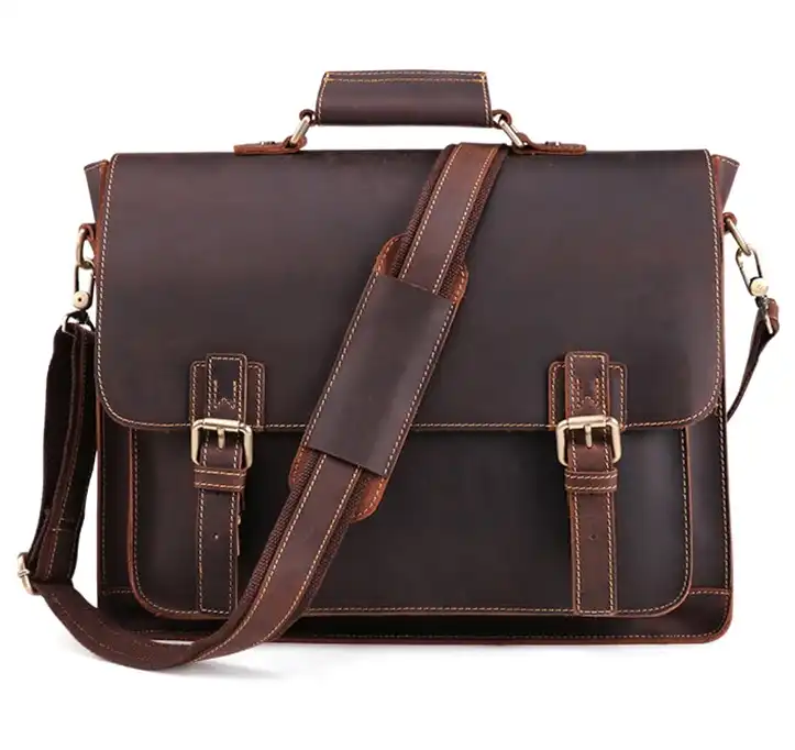 Quality Leather Men's Business Briefcase with 15.6-Inch Laptop Compartment and Vintage Style.