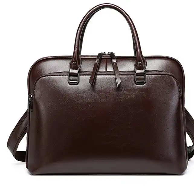 Vintage Genuine Leather Laptop Briefcase – Multi-Compartment Business Bag with Chain Closure- Classic Style