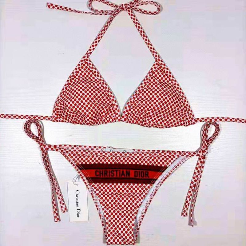 Christian Dior Bikini Women Dots Motif Lycra Red Hot Sale