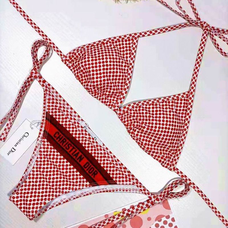 Christian Dior Bikini Women Dots Motif Lycra Red Hot Sale