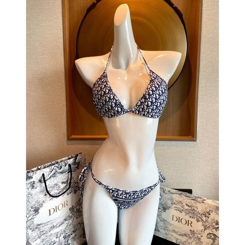 Christian Dior Bikini Women Oblique Motif Lycra Blue Hot Sale