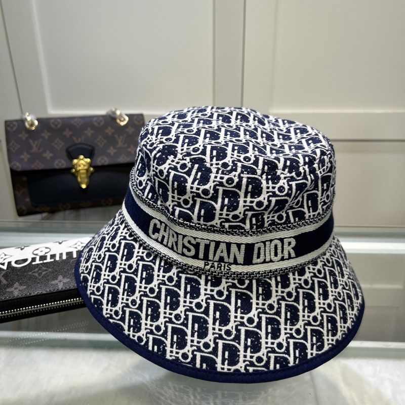 Christian Dior Bucket Hat D-Oblique Motif Canvas Navy Blue Hot Sale