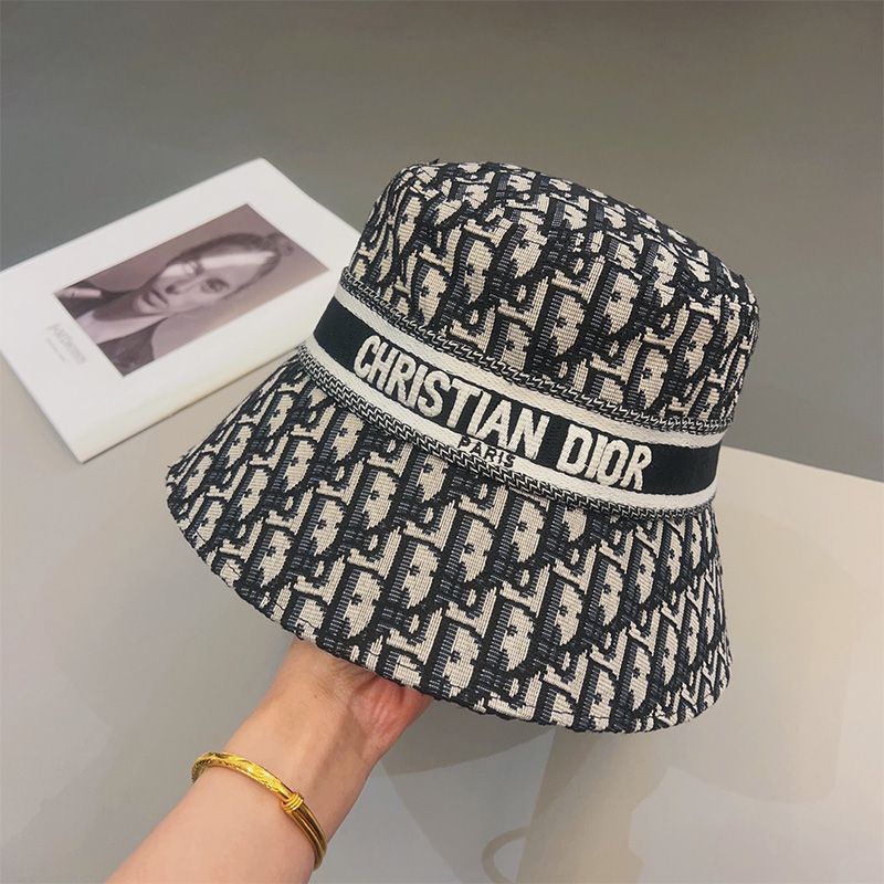 Hot Christian Dior Bucket Hat D-Oblique Motif Cotton Black