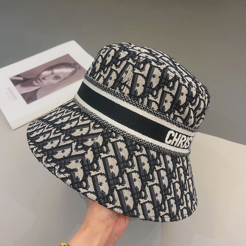 Hot Christian Dior Bucket Hat D-Oblique Motif Cotton Black