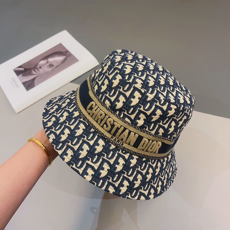 Hot Christian Dior Bucket Hat D-Oblique Motif Cotton Blue