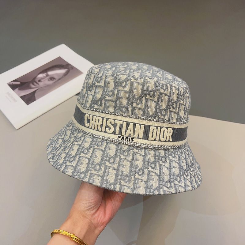 Hot Christian Dior Bucket Hat D-Oblique Motif Cotton Grey