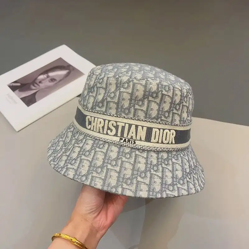 Hot Christian Dior Bucket Hat D-Oblique Motif Cotton Grey