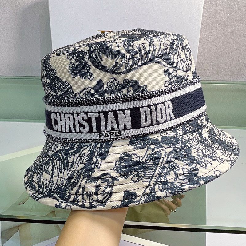 Hot Christian Dior Bucket Hat Toile de Jouy Motif Cotton Black