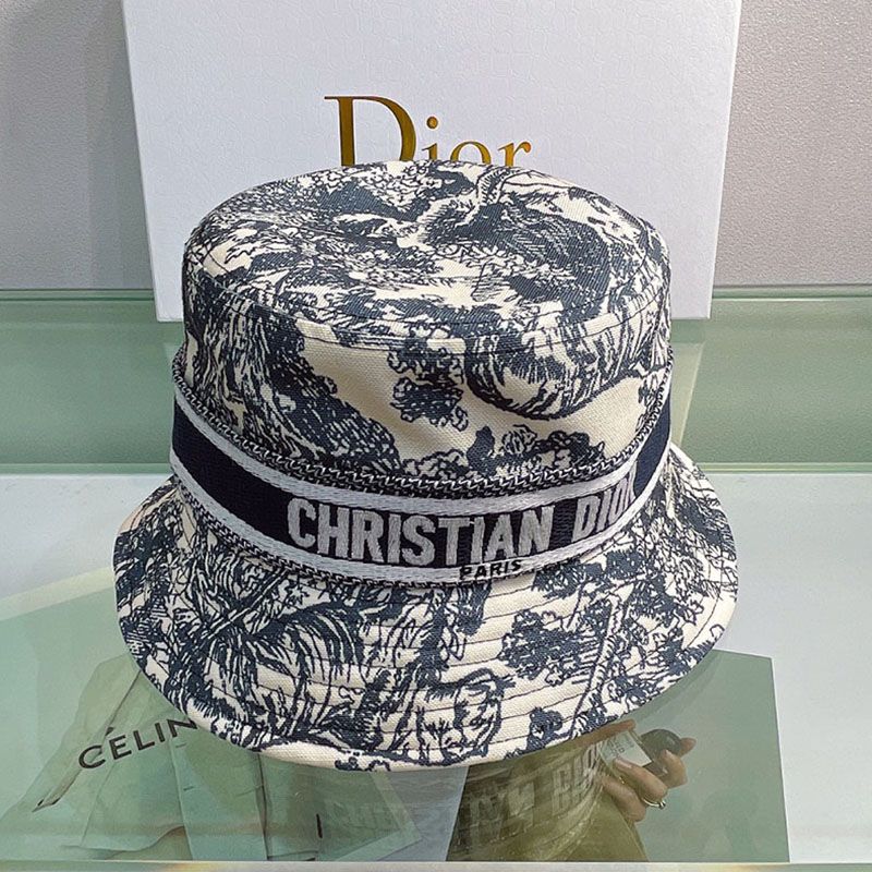 Christian Dior Bucket Hat Toile de Jouy Motif Cotton Black Hot Sale