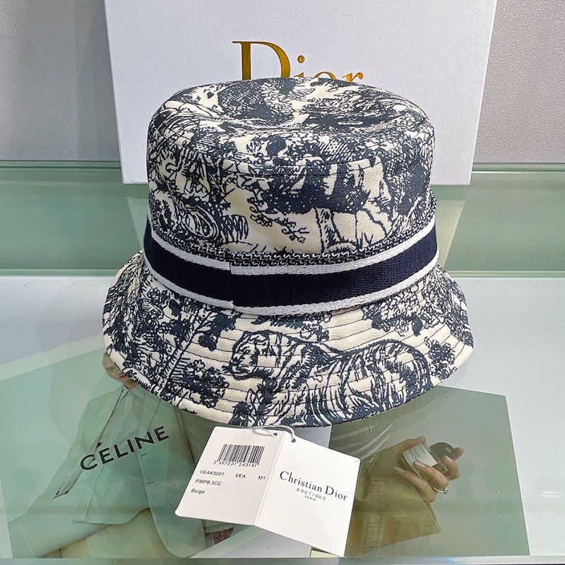 Christian Dior Bucket Hat Toile de Jouy Motif Cotton Black Hot Sale