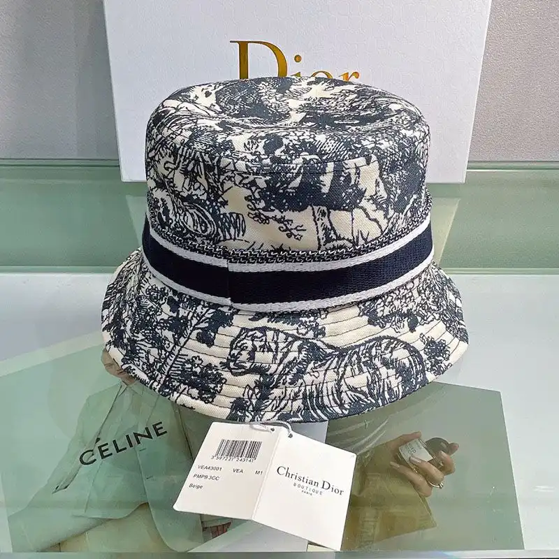 Cheap Hot Christian Dior Bucket Hat Toile de Jouy Motif Cotton Black