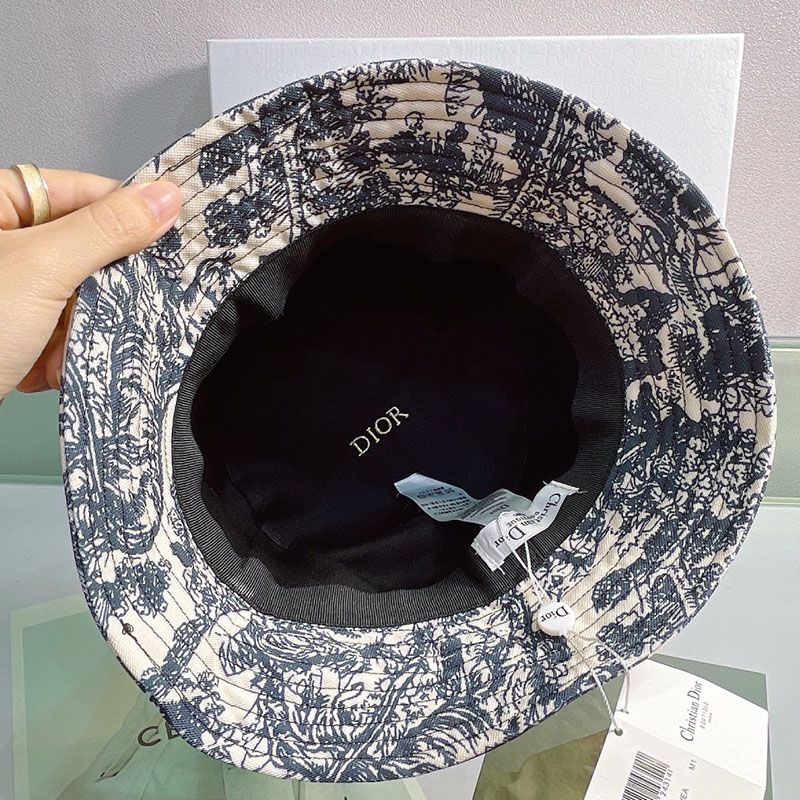 Christian Dior Bucket Hat Toile de Jouy Motif Cotton Black Hot Sale