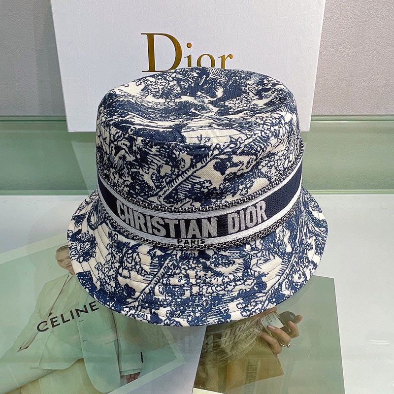 Hot Christian Dior Bucket Hat Toile de Jouy Motif Cotton Navy Blue