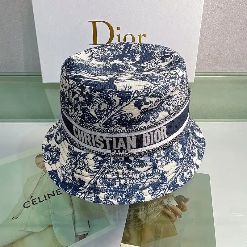 Cheap Hot Christian Dior Bucket Hat Toile de Jouy Motif Cotton Navy Blue