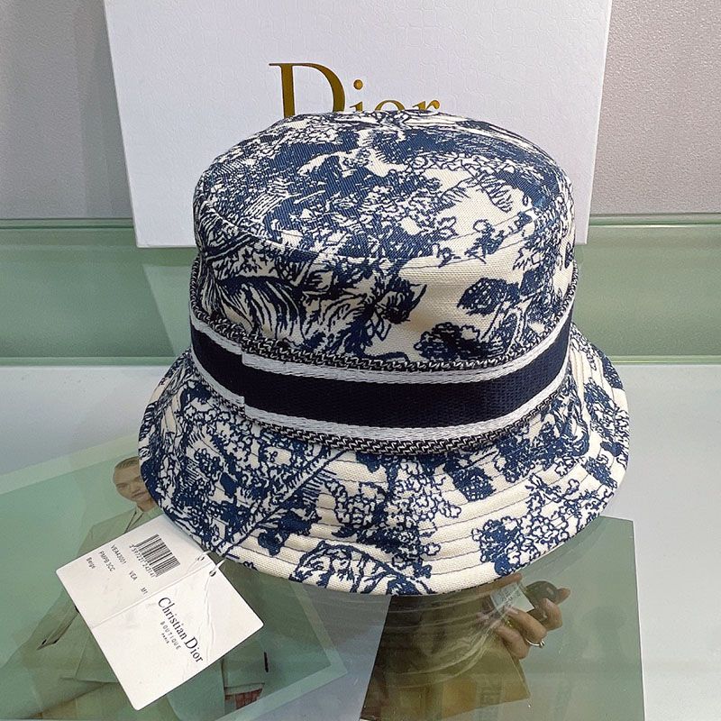 Hot Christian Dior Bucket Hat Toile de Jouy Motif Cotton Navy Blue