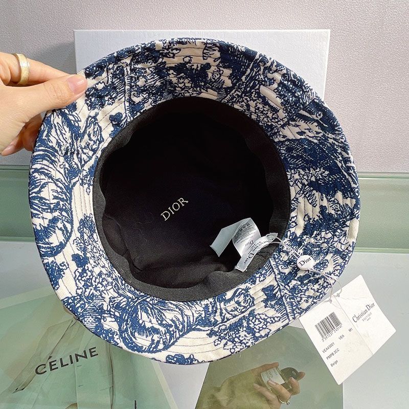 Hot Christian Dior Bucket Hat Toile de Jouy Motif Cotton Navy Blue