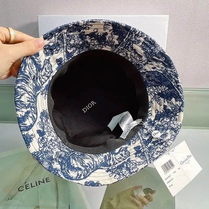 Cheap Hot Christian Dior Bucket Hat Toile de Jouy Motif Cotton Navy Blue