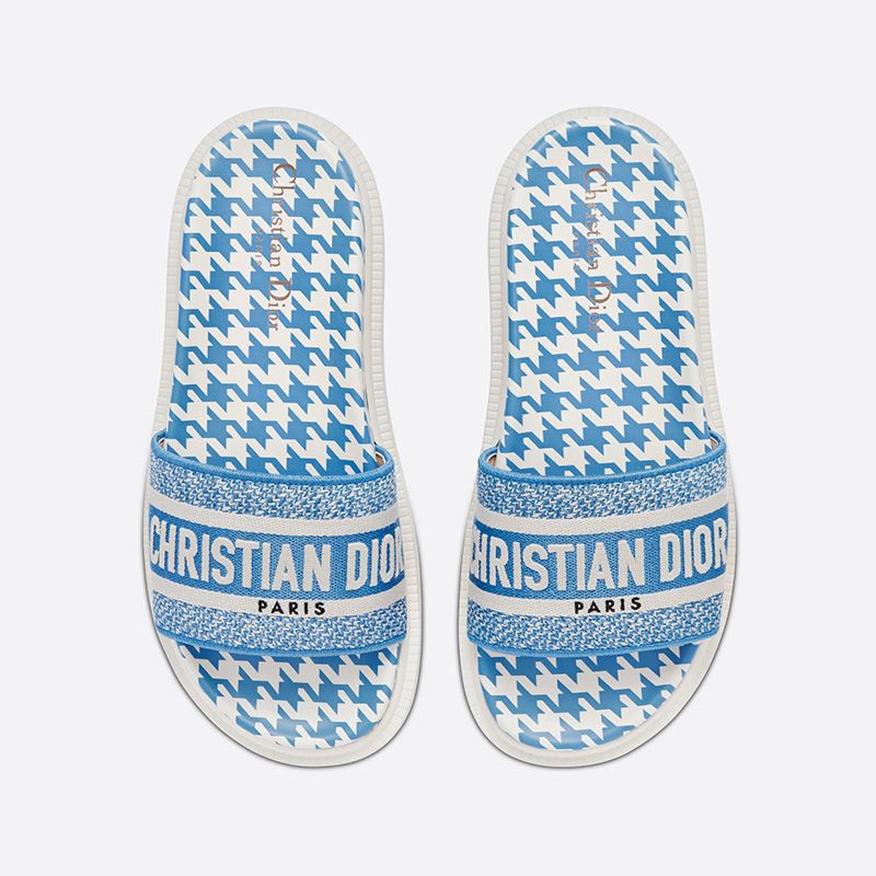 Christian Dior Dway Slides Women Micro Houndstooth Motif Cotton Blue