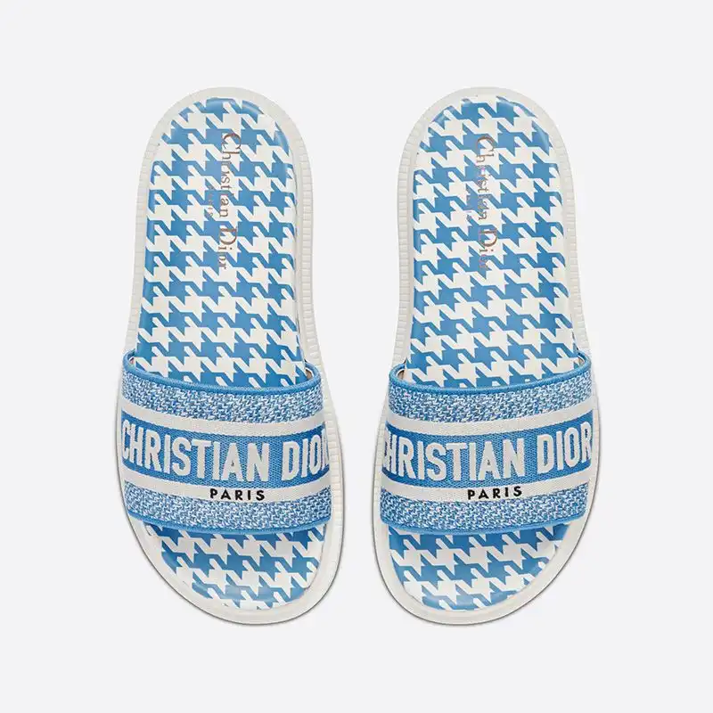 Affordable Hot Christian Dior Dway Slides Women Micro Houndstooth Motif Cotton Blue