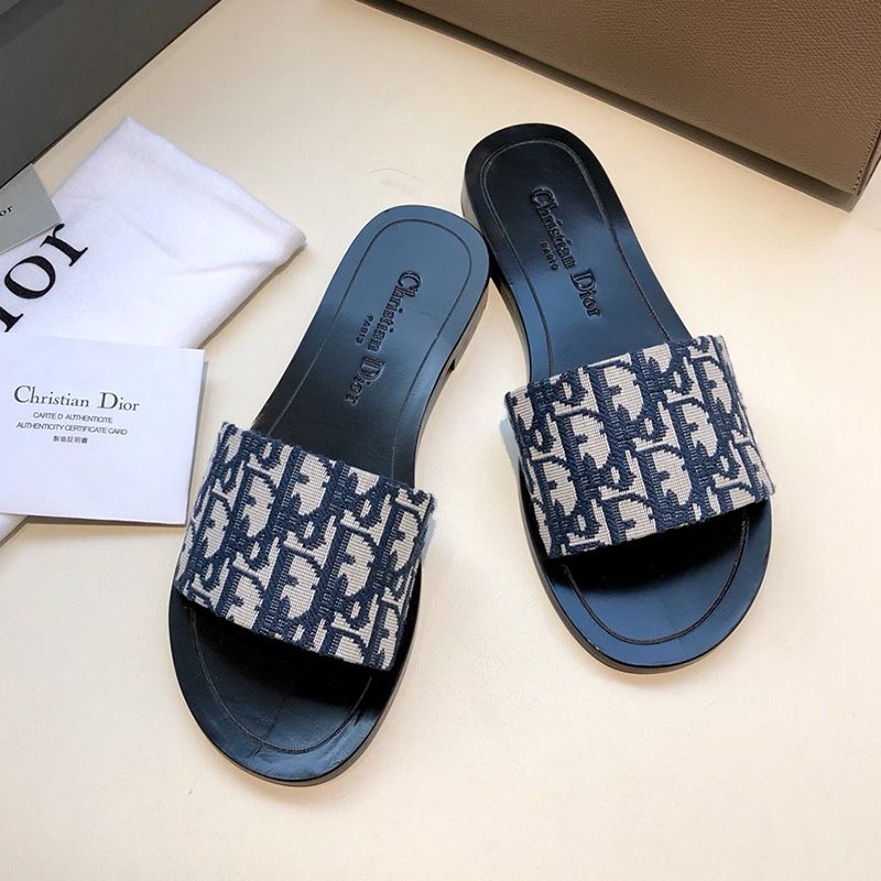 Christian Dior Dway Slides Women Oblique Motif Canvas Blue Hot Sale