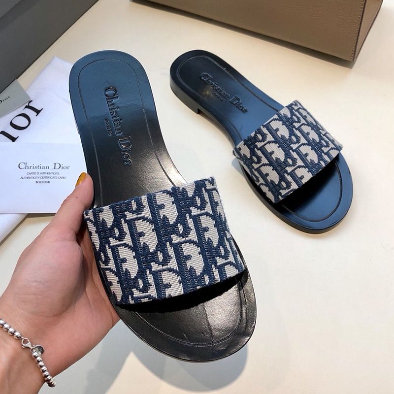 Christian Dior Dway Slides Women Oblique Motif Canvas Blue Hot Sale