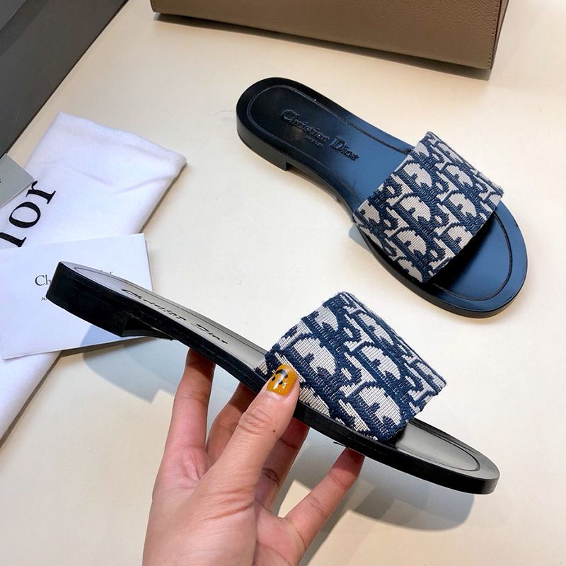 Christian Dior Dway Slides Women Oblique Motif Canvas Blue Hot Sale