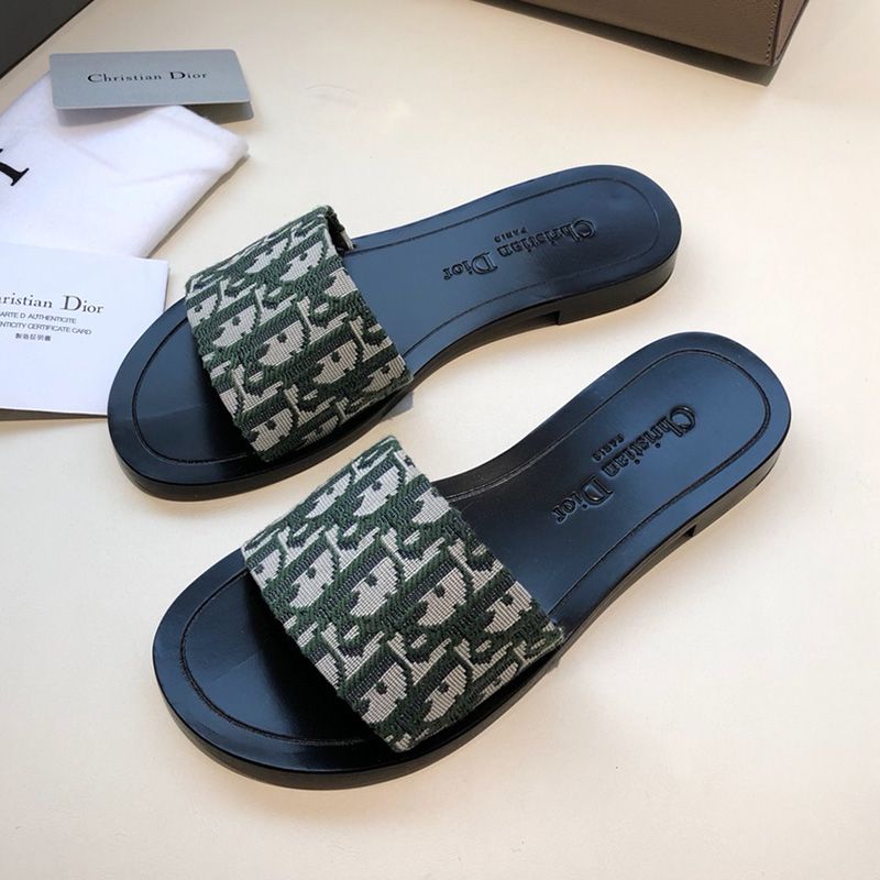 Hot Christian Dior Dway Slides Women Oblique Motif Canvas Green