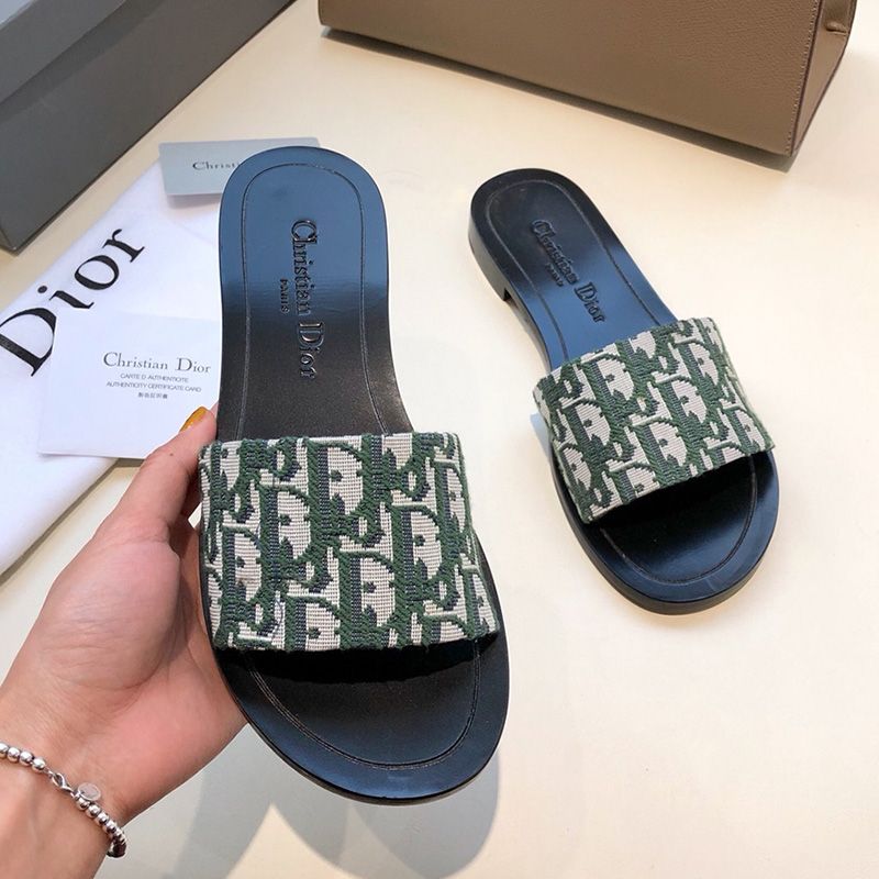 Hot Christian Dior Dway Slides Women Oblique Motif Canvas Green