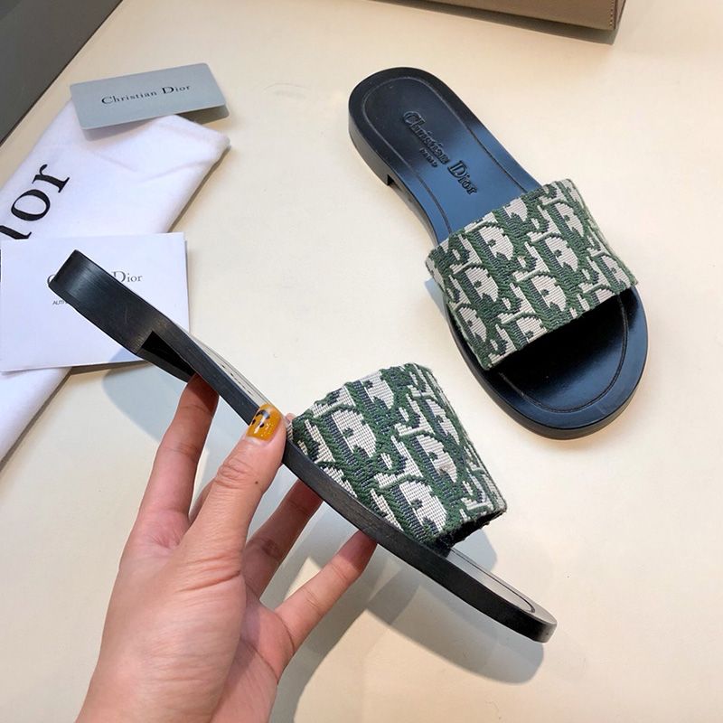 Hot Christian Dior Dway Slides Women Oblique Motif Canvas Green