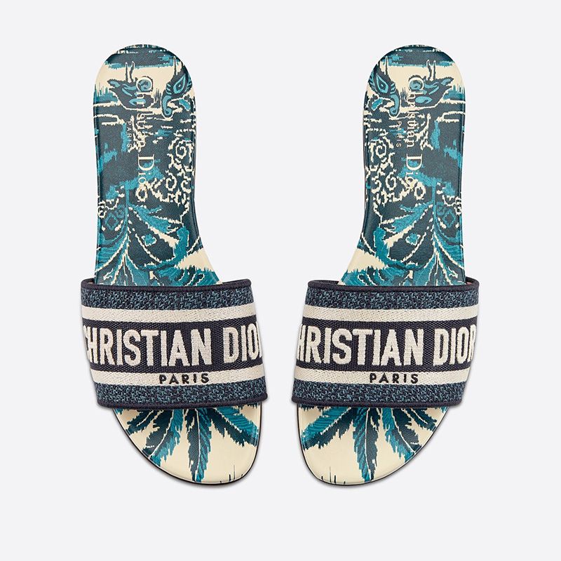 Christian Dior Dway Slides Women Palms Motif Canvas Blue Luxury