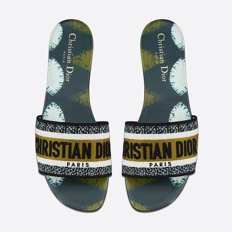 Christian Dior Dway Slides Women Tie & Dye Motif Canvas Green Hot Sale