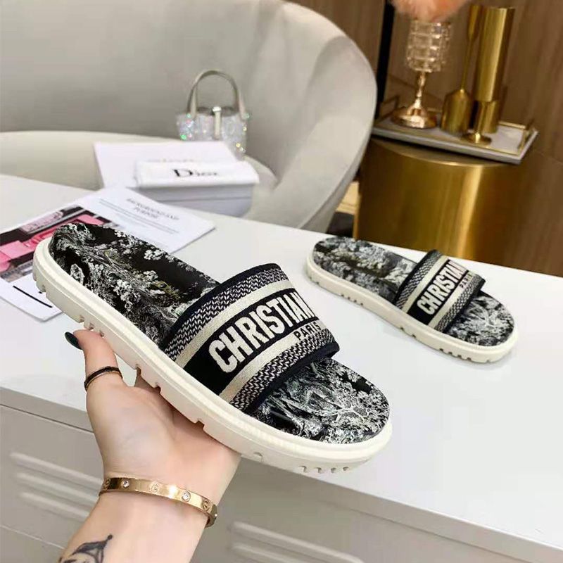 Christian Dior Dway Slides Women Toile De Jouy Motif Cotton Black Hot Sale