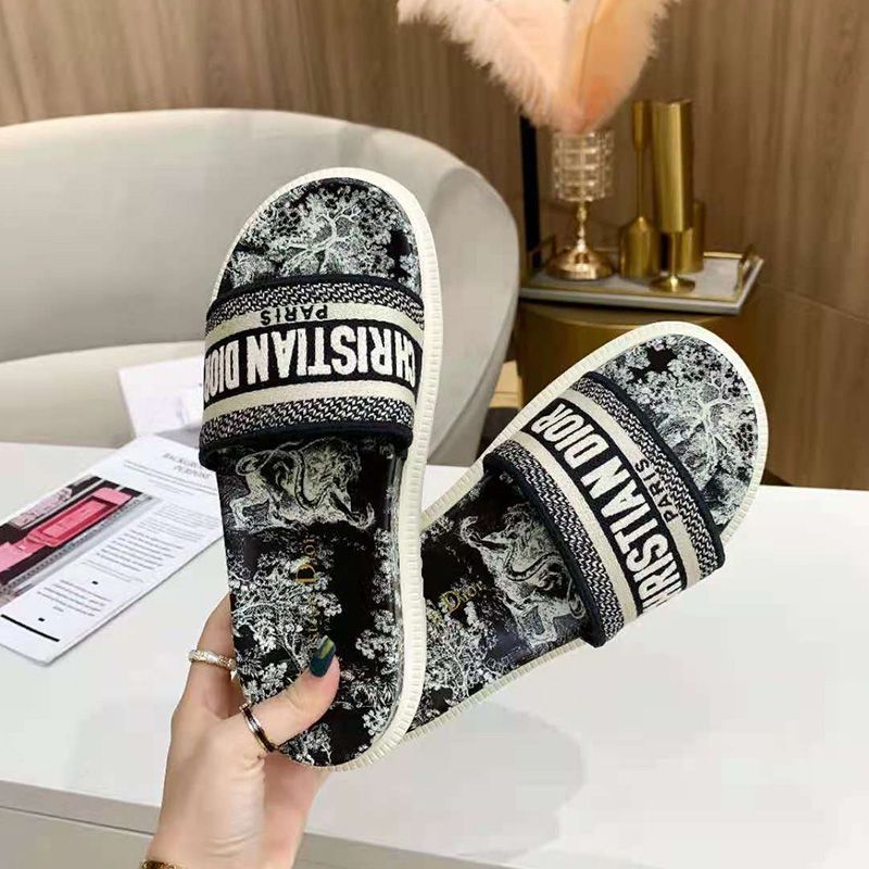 Christian Dior Dway Slides Women Toile De Jouy Motif Cotton Black Hot Sale