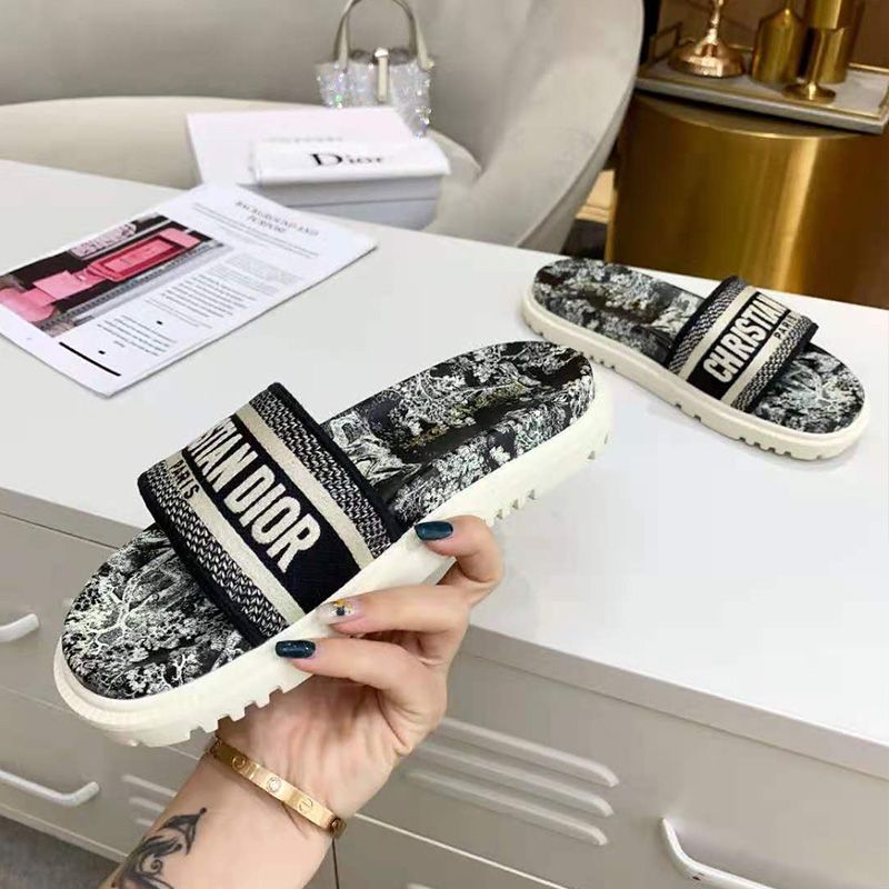 Christian Dior Dway Slides Women Toile De Jouy Motif Cotton Black Hot Sale