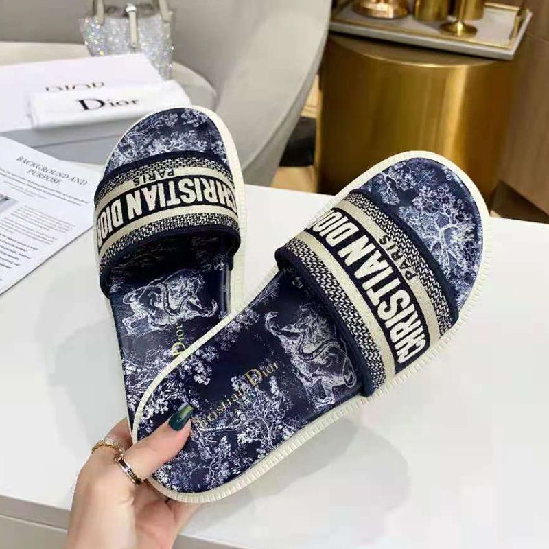 Christian Dior Dway Slides Women Toile De Jouy Motif Cotton Blue Hot Sale