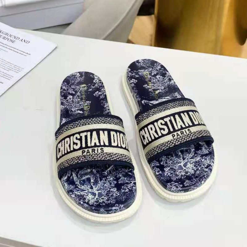 Christian Dior Dway Slides Women Toile De Jouy Motif Cotton Blue Hot Sale