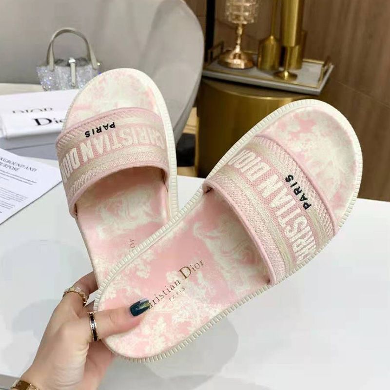 Christian Dior Dway Slides Women Toile De Jouy Motif Cotton Cherry Hot Sale