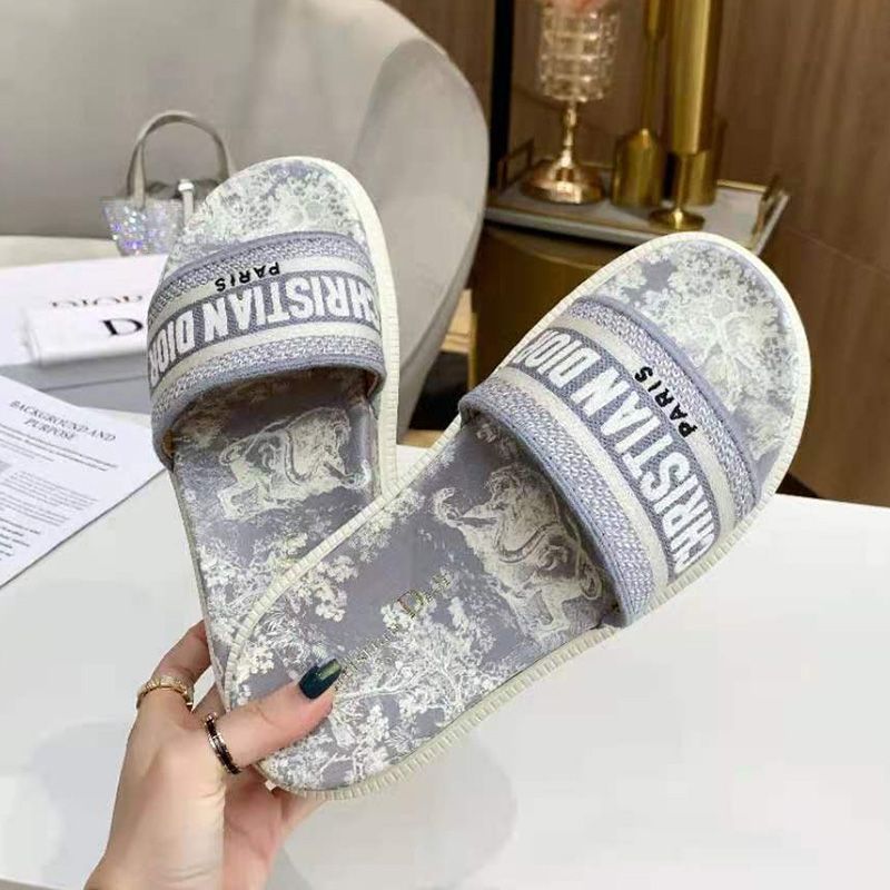 Hot Christian Dior Dway Slides Women Toile De Jouy Motif Cotton Grey