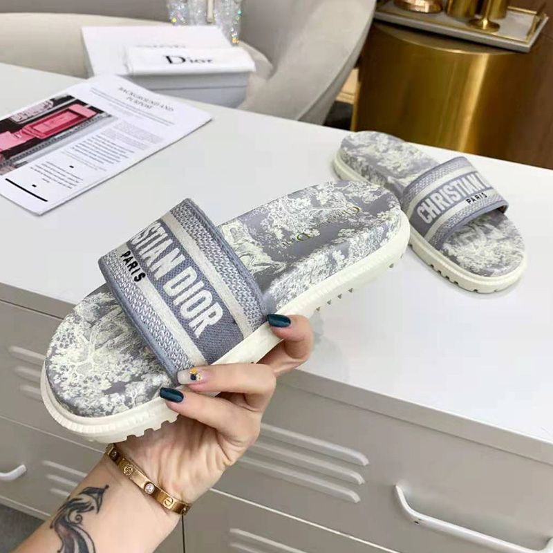 Hot Christian Dior Dway Slides Women Toile De Jouy Motif Cotton Grey