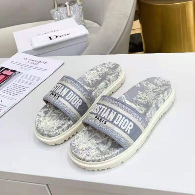 Hot Christian Dior Dway Slides Women Toile De Jouy Motif Cotton Grey