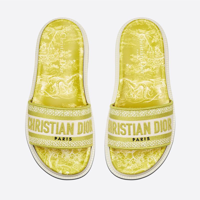 Christian Dior Dway Slides Women Toile De Jouy Motif Cotton Lemon Hot Sale