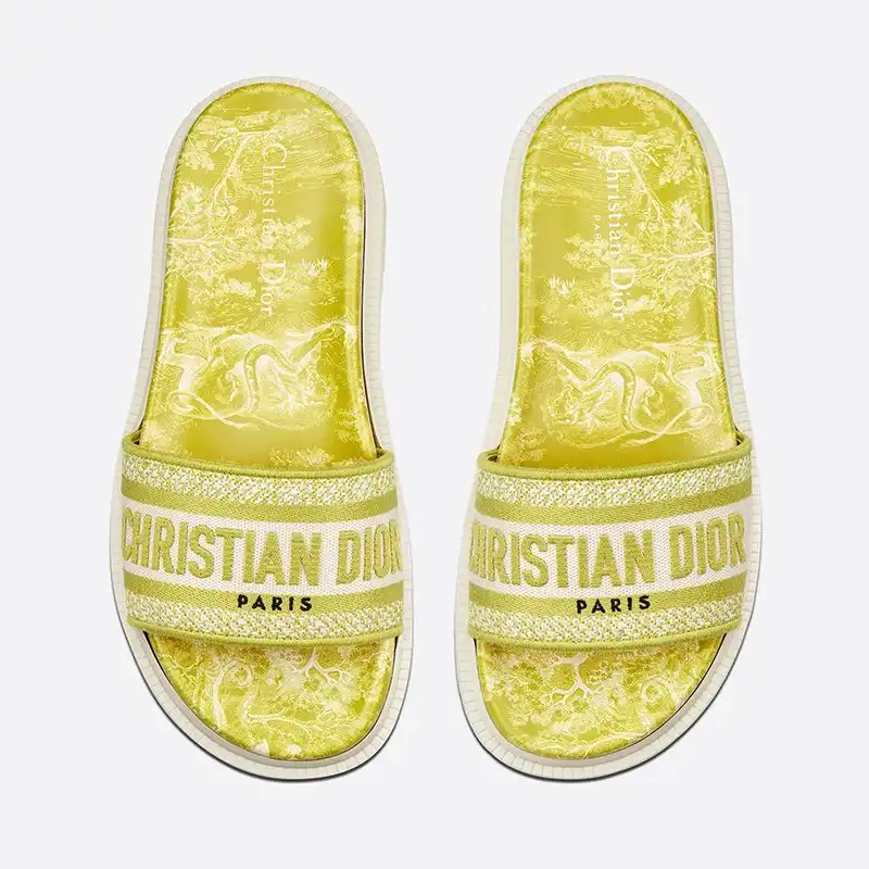 Cheap Hot Christian Dior Dway Slides Women Toile De Jouy Motif Cotton Lemon