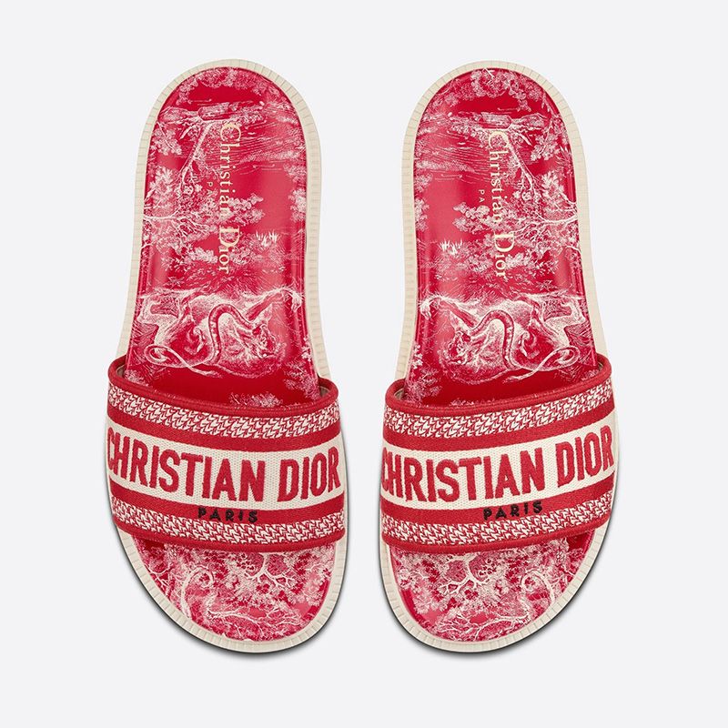 Christian Dior Dway Slides Women Toile De Jouy Motif Cotton Red Hot Sale