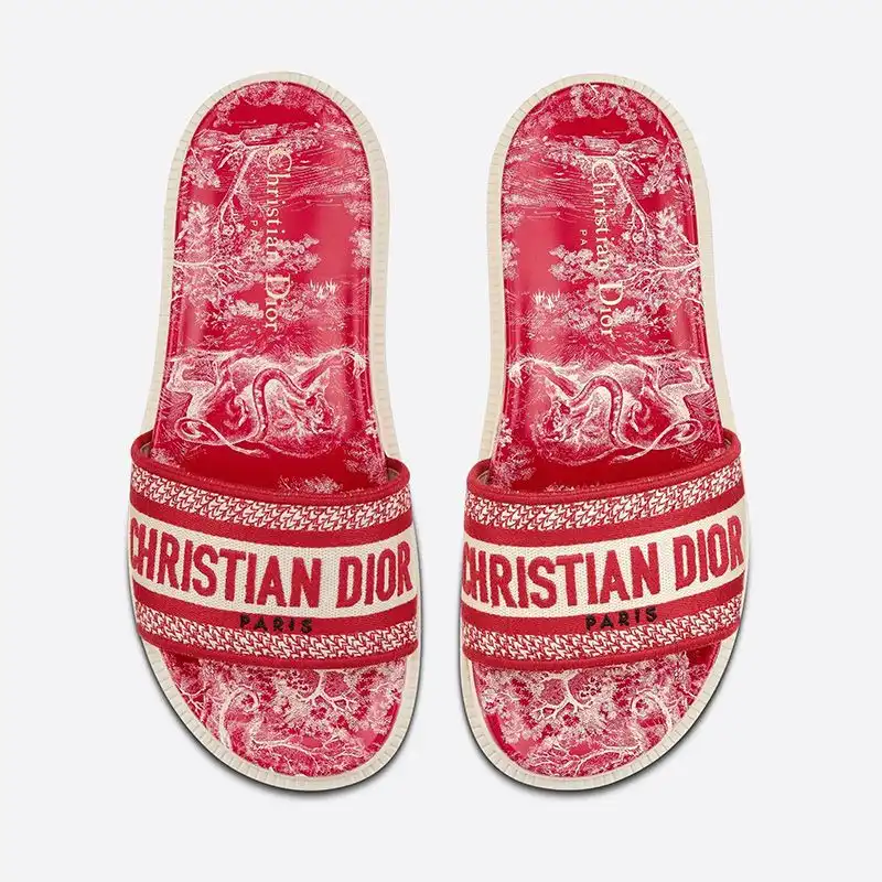 Affordable Hot Christian Dior Dway Slides Women Toile De Jouy Motif Cotton Red