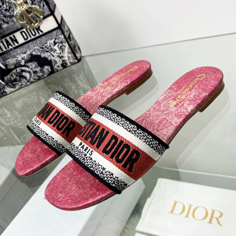 Hot Christian Dior Dway Slides Women Brocart Motif Canvas Red