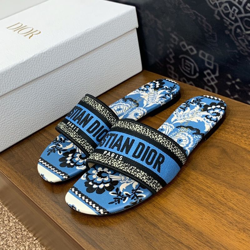 Hot Christian Dior Dway Slides Women Butterfly Bandana Motif Canvas Blue