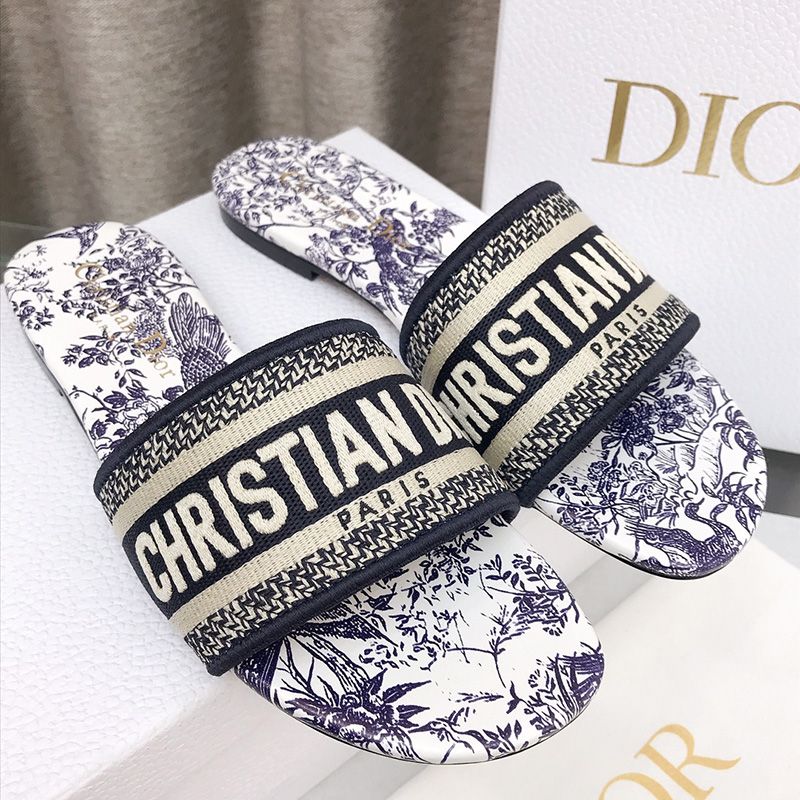 Christian Dior Dway Slides Women Jardin d'Hiver Motif Canvas Blue Hot Sale