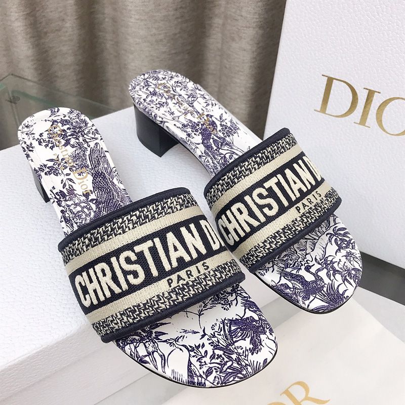 Christian Dior Dway Slides Women Jardin d'Hiver Motif Canvas Blue Hot Sale