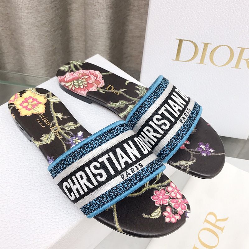 Christian Dior Dway Slides Women Petites Fleurs Motif Canvas Black Hot Sale